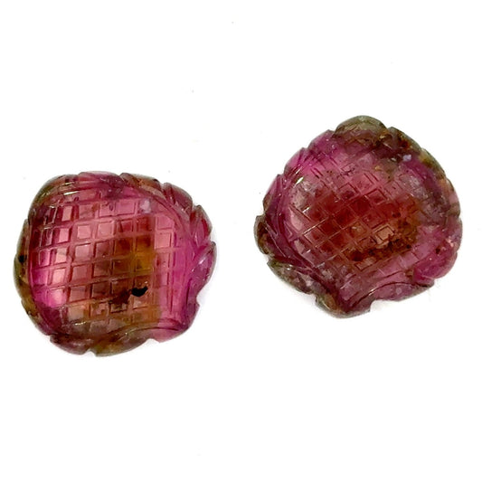 Matched Pair Hand-Carved Watermelon Tourmaline Leaves - 32.00 Carat Total Weight